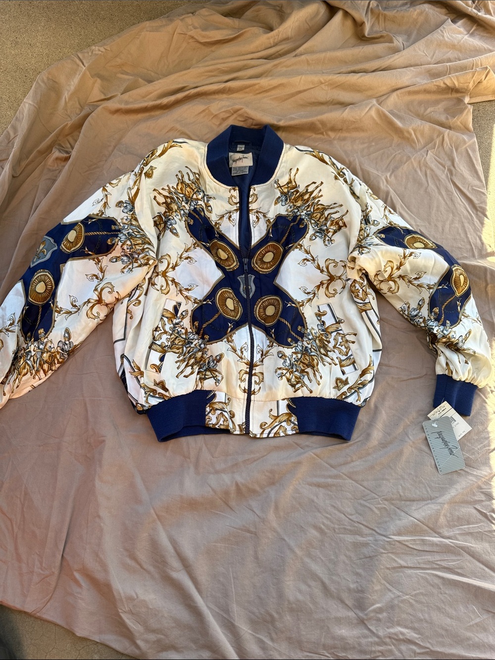 Jacqueline Ferrar White Navy & Gold Baroque Bomber Jacket vintage